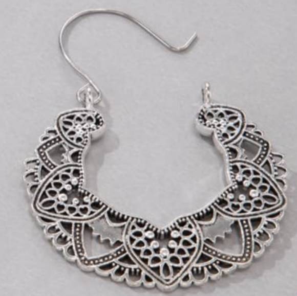 Ornate Silver Heart Filigree Statement Earrings Hoop Huggie Hoops New - Picture 6 of 8